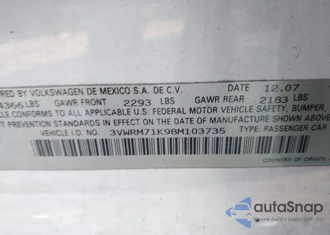 2008 Volkswagen Jetta Se from USA, damaged, VIN 3VWRM71K98M103735